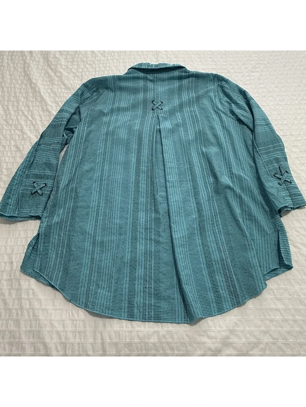 Ali Miles Artsy Blue Black Theading Button Up Shirt Top XL Extra Large Collared